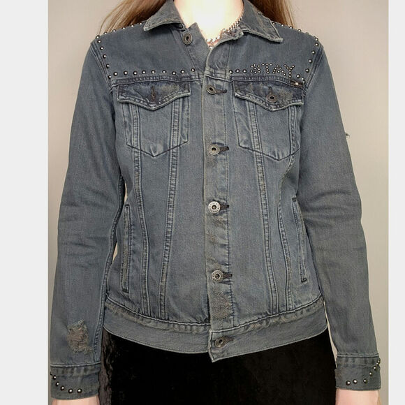 Lucky Brand Distressed Punk Rock Stay Reckless Studded Dark Denim Jacket Sz Med - Picture 3 of 9